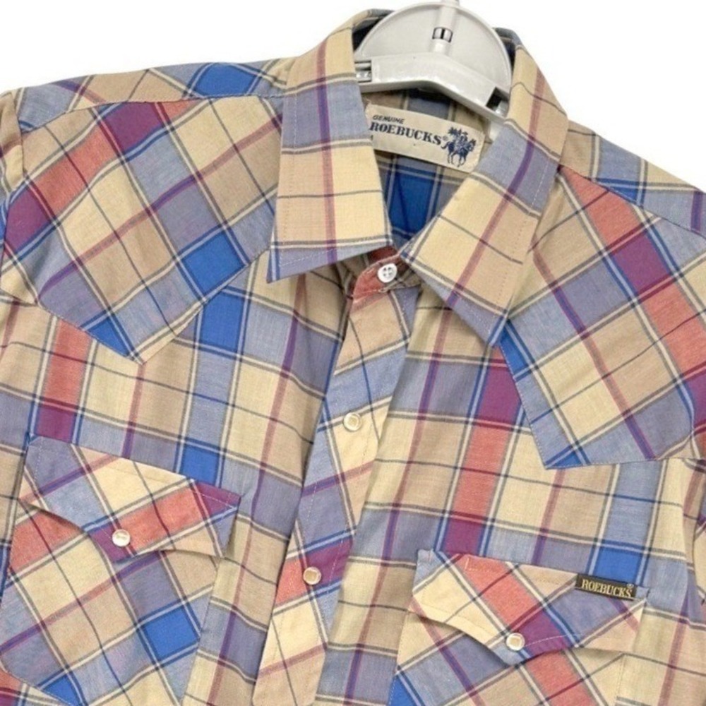 VTG Genuine Roebucks Plaid Western Shirt Mens M Long Sleeve Pearl Snap